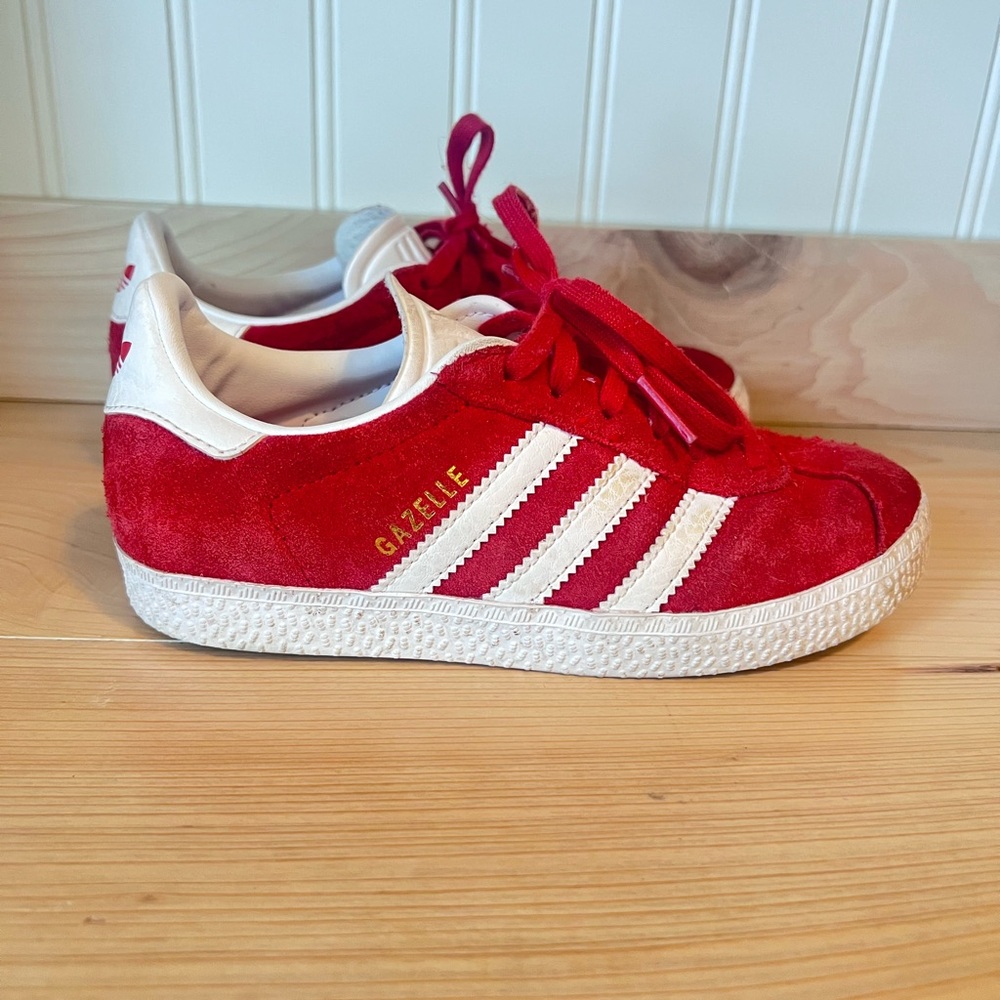 adidas Kids Red Suede Sneakers with White Stripes